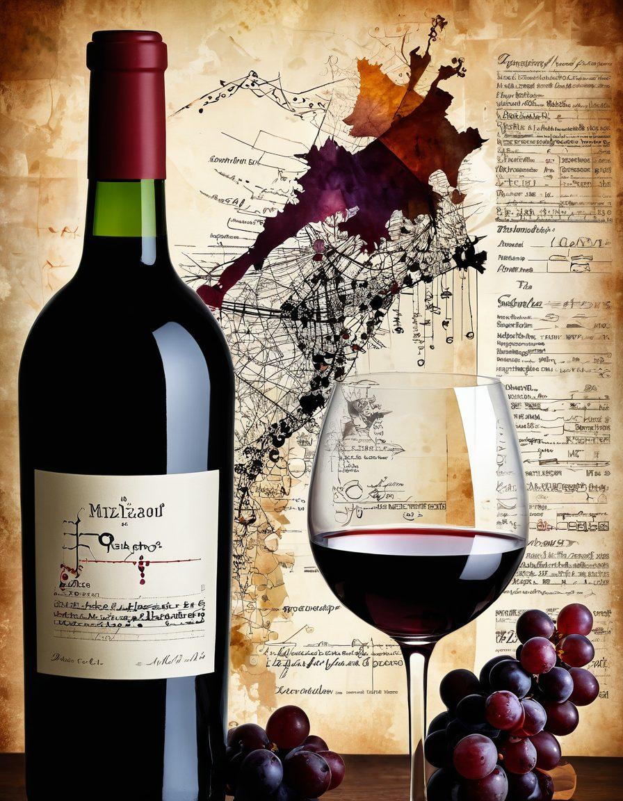 A visually striking composition featuring a sommelier meticulously examining a wine glass with mathematical equations and graphs overlaying the background. Include elements like wine bottles stacked artistically, a vineyard landscape subtly visible, and various wine accessories like decanters and corks. The color palette should be rich and warm, evoking the essence of fine wine. super-realistic. vibrant colors.