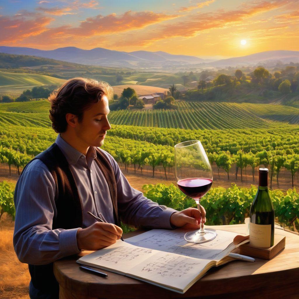 A sophisticated vineyard scene at sunrise, featuring a mathematician holding a glass of wine while sketching fractals on a notepad, surrounded by lush grapevines and rolling hills. Include elements like wine barrels in the background and floating mathematical equations in the air. The scene should evoke a sense of harmony between art and science. vibrant colors. impressionistic.