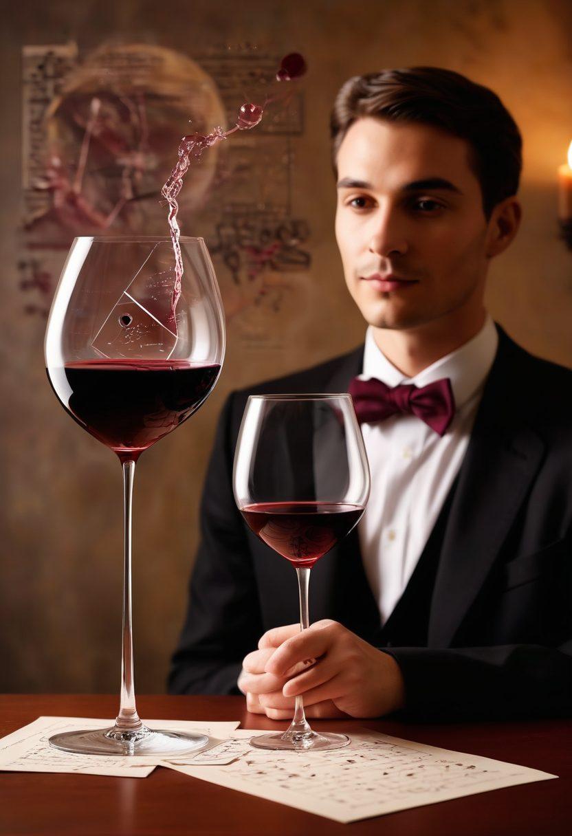 A sophisticated wine tasting scene with a mathematician drawing geometric shapes in the air while holding a glass of swirling red wine. Surrounding him are clusters of grapes and mathematical formulas elegantly integrated into the background. Soft candlelight enhances the ambiance, reflecting off wine glasses. The overall tone is vibrant and inviting, evoking a blend of science and taste. super-realistic. warm tones. elegant atmosphere.